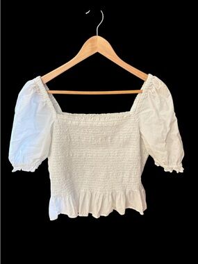 J. Crew Factory White Smocked Puff Sleeve Peplum Top